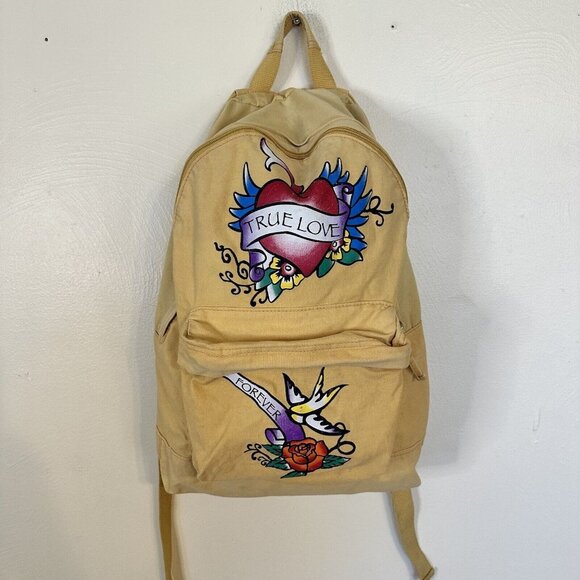 True Love Forever Yellow Cream Graphic Backpack Colorful Sacred Heart Bird - Picture 1 of 10